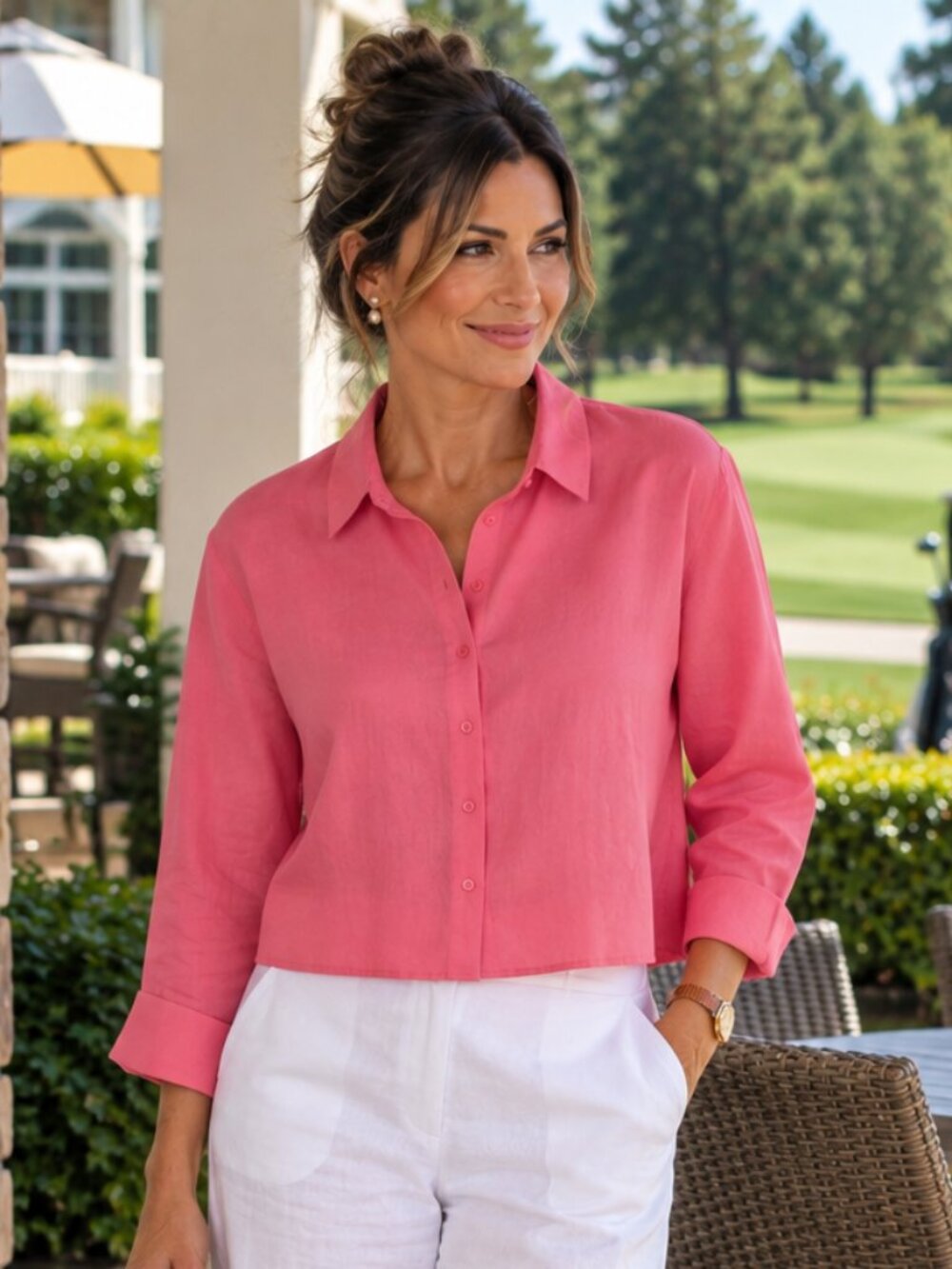 H&M Cropped Linen Button-Up Top - Coral Pink - L - EUC
